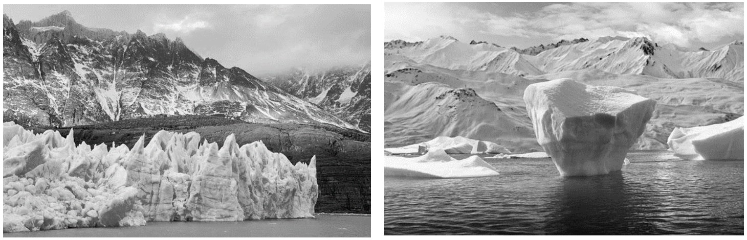 Duas fotografias em preto e branco: à esquerda, a frente de uma geleira com paredões de gelo recortados diante de montanhas nevadas; à direita, um iceberg flutuando em águas calmas, com montanhas ao fundo.