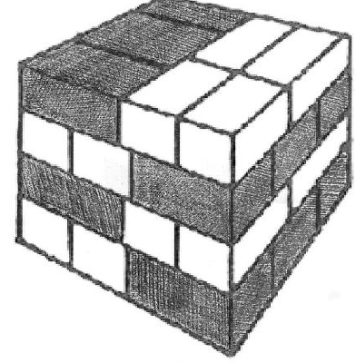 Desenho em perspectiva de um palete em forma de cubo formado por barras de gelo brancas e escuras empilhadas em 4 camadas, com as barras de cada camada dispostas em direções alternadas.