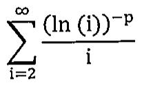 Somatório de i = 2 até infinito de (ln(i))^(−p) / i