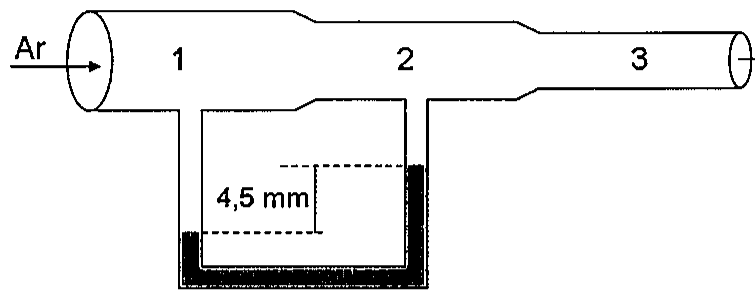 Tubulação horizontal com entrada de ar à esquerda e três trechos de diâmetros decrescentes, numerados 1, 2 e 3; um manômetro em U ligado aos trechos 1 e 2 mostra desnível de água de 4,5 mm.