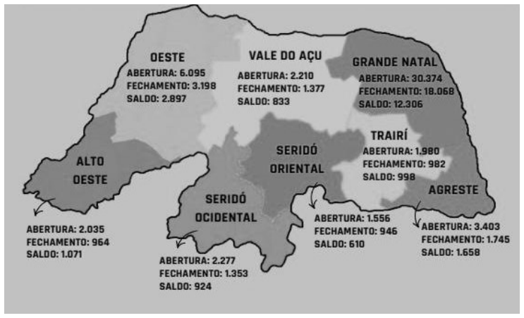 Mapa do Rio Grande do Norte dividido em regiões, com números de abertura, fechamento e saldo de empresas de pequeno porte: Oeste — abertura 6.095, fechamento 3.198, saldo 2.897; Vale do Açu — abertura 2.210, fechamento 1.377, saldo 833; Grande Natal — abertura 30.374, fechamento 18.068, saldo 12.306; Trairí — abertura 1.980, fechamento 982, saldo 998; Alto Oeste — abertura 2.035, fechamento 964, saldo 1.071; Seridó Ocidental — abertura 2.277, fechamento 1.353, saldo 924; Seridó Oriental — abertura 1.556, fechamento 946, saldo 610; Agreste — abertura 3.403, fechamento 1.745, saldo 1.658.