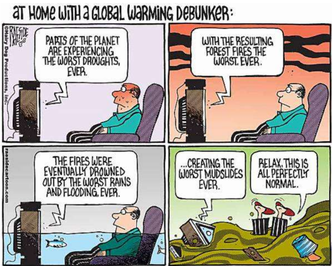 Tirinha colorida em quatro quadros com o título “AT HOME WITH A GLOBAL WARMING DEBUNKER:”. Um homem de óculos, sentado numa poltrona, assiste à televisão. 1º quadro: a TV diz “PARTS OF THE PLANET ARE EXPERIENCING THE WORST DROUGHTS, EVER.”, e o homem transpira. 2º quadro, com fundo alaranjado e fumaça: “WITH THE RESULTING FOREST FIRES THE WORST, EVER.” 3º quadro, com a sala alagada e um peixe nadando: “THE FIRES WERE EVENTUALLY DROWNED OUT BY THE WORST RAINS AND FLOODING, EVER.” 4º quadro, com a TV e o homem soterrados pela lama, só os pés para fora: a TV diz “...CREATING THE WORST MUDSLIDES EVER.” e o homem responde “RELAX. THIS IS ALL PERFECTLY NORMAL.” Na lateral: “©Hairy Dog Productions, Inc.” e “raesidecartoon.com”.