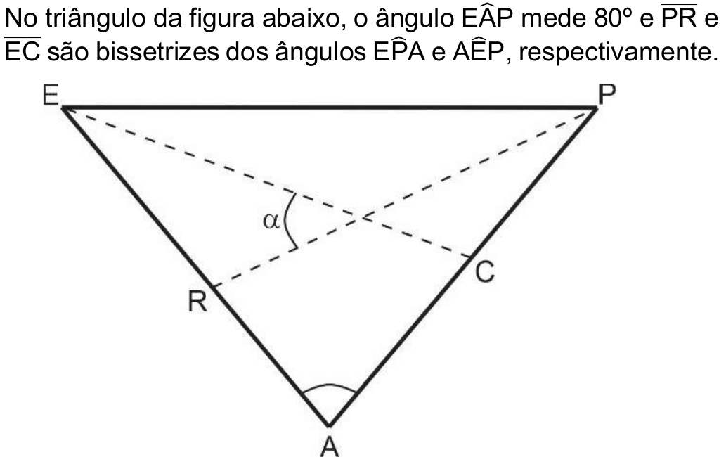 Enunciado com figura: “No triângulo da figura abaixo, o ângulo EÂP mede 80º e PR e EC (segmentos) são bissetrizes dos ângulos EP̂A e AÊP, respectivamente.” A figura mostra o triângulo EPA com o lado EP na horizontal em cima e o vértice A embaixo; R está no lado EA e C no lado PA; os segmentos tracejados PR e EC se cruzam, e o ângulo α está marcado entre eles, do lado voltado para R; o ângulo em A está marcado.