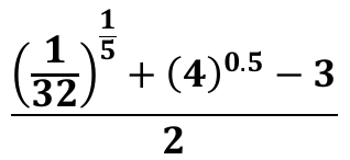 Expressão E igual a: (1 sobre 32) elevado a 1 quinto, mais 4 elevado a 0,5, menos 3, tudo dividido por 2.