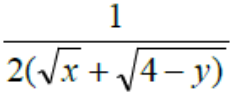 Fração: 1 sobre 2 vezes (raiz de x mais raiz de 4 menos y).