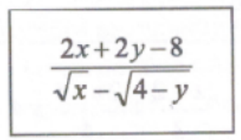 Expressão em quadro: (2x mais 2y menos 8) dividido por (raiz de x menos raiz de 4 menos y).