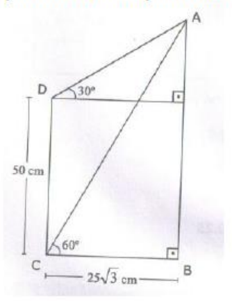 Figura: retângulo de vértices D, C e B com lado DC de 50 cm e lado CB de 25 raiz de 3 cm; ângulo reto em B; segmento de D até o ponto A formando 30 graus com a horizontal; diagonal de C até A formando 60 graus com CB; ângulo reto indicado sob A.