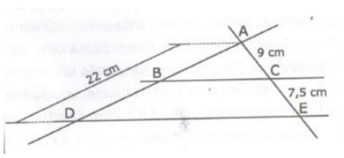 Figura: duas retas concorrentes no ponto A cortadas por retas paralelas; em uma delas, os pontos B e D, com AD indicado como 22 cm; na outra, os pontos C e E, com AC de 9 cm e CE de 7,5 cm; as retas BC e DE são paralelas.