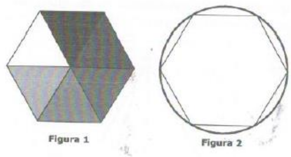 Figura 1: hexágono regular formado por seis triângulos equiláteros sombreados em tons diferentes. Figura 2: hexágono regular inscrito em um círculo.