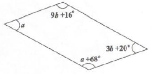 Figura: paralelogramo com ângulos indicados por a, 9b + 16°, 3b + 20° e a + 68°.