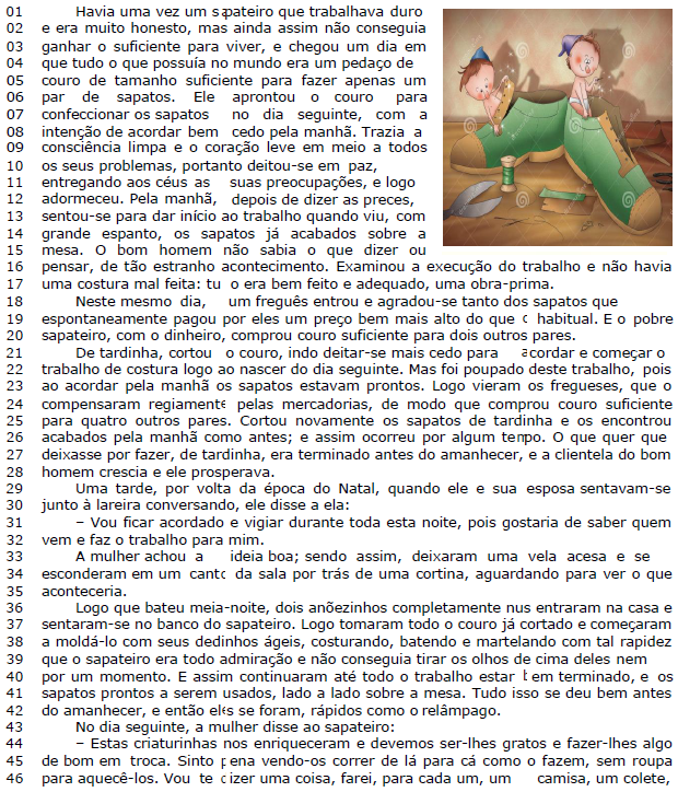 Texto 1, “Os Duendes e o Sapateiro”, linhas 01 a 46, com numeração de linhas à esquerda e ilustração de dois duendes sobre um grande par de sapatos verdes. Algumas letras do texto aparecem falhadas na própria imagem original da prova.