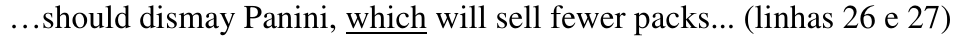 …should dismay Panini, which will sell fewer packs... (linhas 26 e 27), com “which” sublinhado.