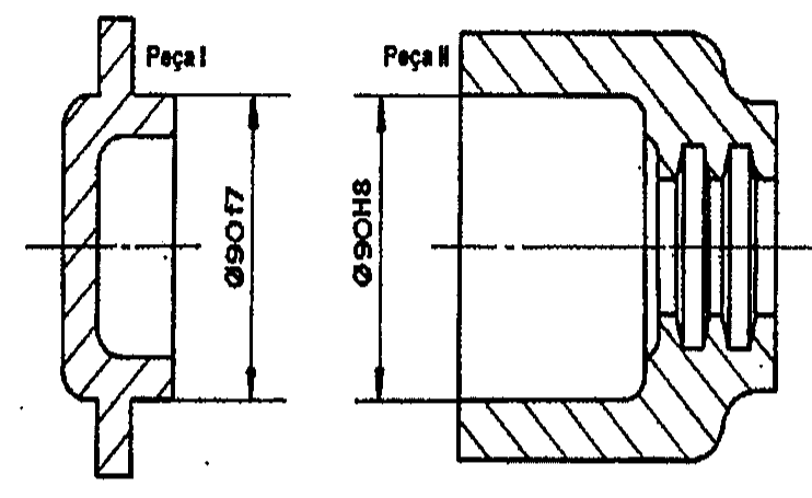 Desenho em corte de duas peças: Peça I, eixo com cota Ø90f7, e Peça II, furo com cota Ø90H8.