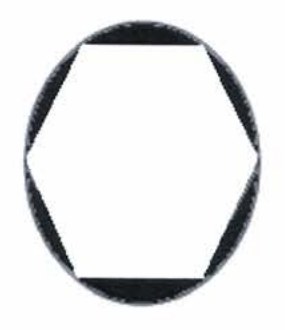 Circunferência com um hexágono regular inscrito, em branco; as seis regiões entre os lados do hexágono e a circunferência estão sombreadas em preto.