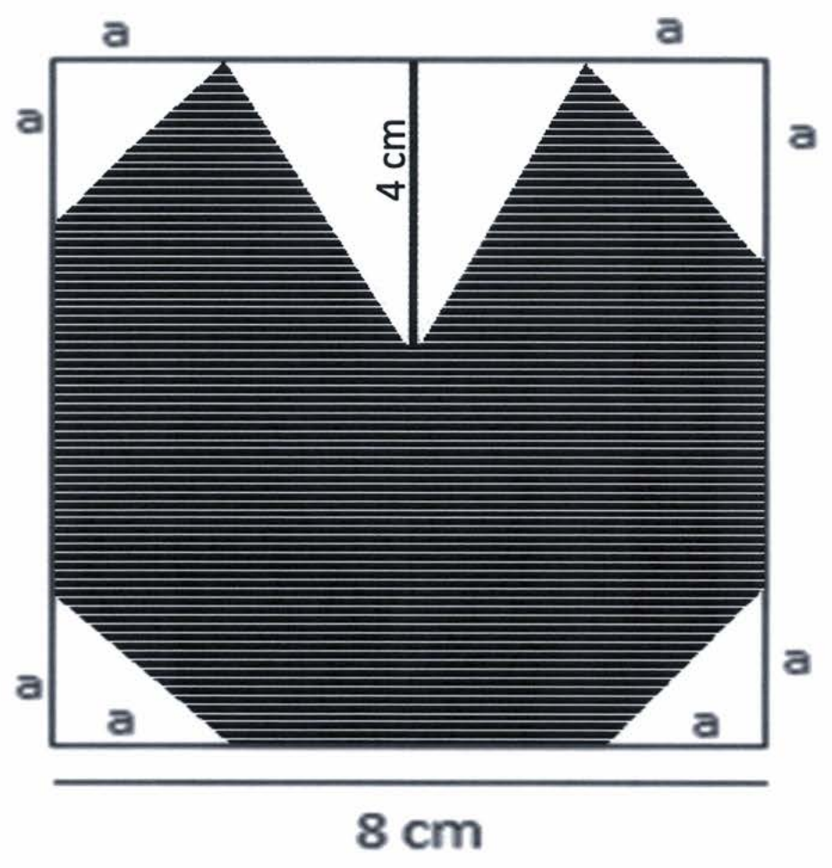 Quadrado de lado 8 cm com grande região hachurada. Nos dois cantos inferiores há triângulos brancos com catetos marcados a; nos cantos superiores, as medidas a estão marcadas no lado de cima e nos lados verticais. Do meio do lado superior desce um segmento vertical de 4 cm; regiões brancas triangulares nos dois lados desse segmento formam duas pontas hachuradas que tocam o lado superior.