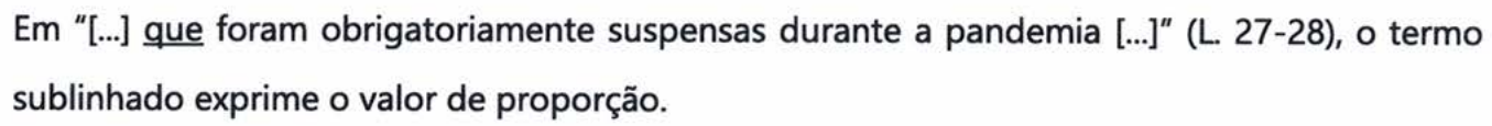 Em “[...] que foram obrigatoriamente suspensas durante a pandemia [...]” (L. 27-28), o termo sublinhado exprime o valor de proporção. Termo sublinhado: “que”.