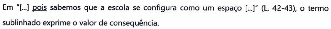 Em “[...] pois sabemos que a escola se configura como um espaço [...]” (L. 42-43), o termo sublinhado exprime o valor de consequência. Termo sublinhado: “pois”.