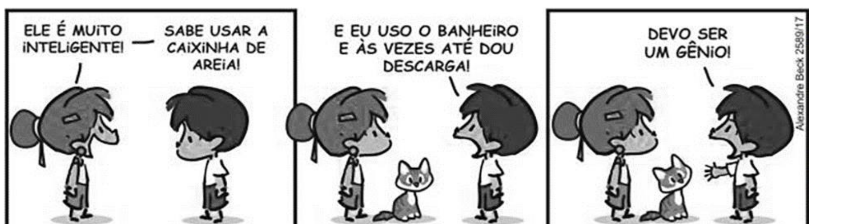 Tirinha do Armandinho em três quadros: um menino diz à menina “Ele é muito inteligente! — Sabe usar a caixinha de areia!”; depois, “E eu uso o banheiro e às vezes até dou descarga!”; no último quadro, apontando para o gato, conclui: “Devo ser um gênio!”.