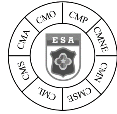 Slogan circular com o brasão da ESA no centro e um anel dividido em oito setores com as siglas, em sentido horário a partir do topo: CMO, CMP, CMNE, CMN, CMSE, CML, CMS e CMA.