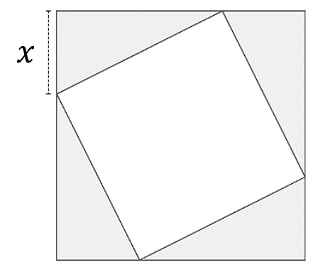 Quadrado externo com um quadrado inscrito girado, cujos vértices tocam os lados do externo; no lado esquerdo, o segmento x vai do vértice superior esquerdo do quadrado externo até o vértice do quadrado inscrito.