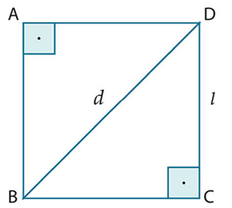 Quadrado ABCD com ângulos retos marcados em A e C, diagonal BD indicada por d e lado CD indicado por l.