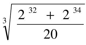 Raiz cúbica de (2 elevado a 32 mais 2 elevado a 34) dividido por 20.
