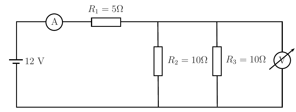 Circuito: bateria de 12 V em série com o amperímetro A e o resistor R1 = 5 Ω, ligados a três ramos em paralelo: R2 = 10 Ω, R3 = 10 Ω e o voltímetro V.