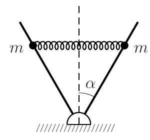 Duas barras em forma de V, articuladas no vértice inferior apoiado no chão, cada uma formando ângulo α com a vertical tracejada; partículas de massa m em cada barra, ligadas por uma mola horizontal.