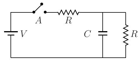 Circuito: bateria V, chave A e resistor R em série, ligados ao capacitor C em paralelo com outro resistor R.