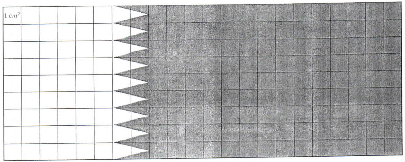 Bandeira do Catar desenhada sobre malha quadriculada de 22 colunas por 9 linhas, com o quadradinho do canto superior esquerdo marcado "1 cm²". As 6 primeiras colunas são brancas; a 7ª e a 8ª colunas contêm a borda serrilhada, com 9 triângulos brancos apontando para a direita entre triângulos escuros; as demais colunas são escuras (bordô).