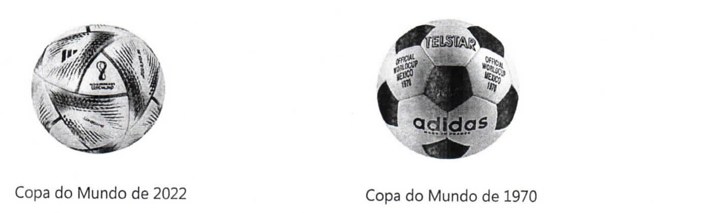 Fotografias de duas bolas de futebol: à esquerda, a bola da Copa do Mundo de 2022 (Al Rihla), com gomos curvos estampados; à direita, a bola da Copa do Mundo de 1970 (Telstar), com gomos claros e escuros e as inscrições "TELSTAR", "OFFICIAL WORLDCUP MEXICO 1970" e "adidas". Legendas: "Copa do Mundo de 2022" e "Copa do Mundo de 1970".