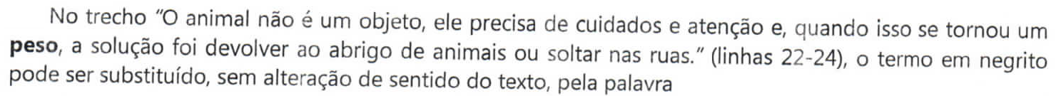 Comando da questão: No trecho “O animal não é um objeto, ele precisa de cuidados e atenção e, quando isso se tornou um peso, a solução foi devolver ao abrigo de animais ou soltar nas ruas.” (linhas 22-24), o termo em negrito pode ser substituído, sem alteração de sentido do texto, pela palavra — a palavra “peso” está em negrito.