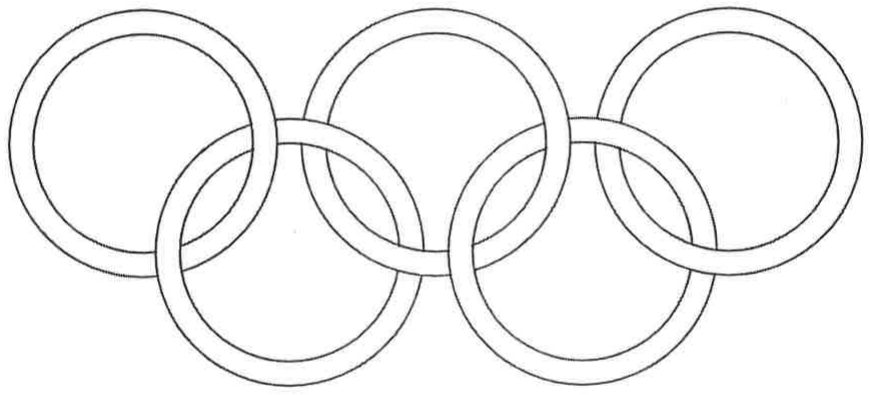 Figura dos anéis olímpicos: cinco coroas circulares entrelaçadas, três na fileira superior e duas na fileira inferior, desenhadas em contorno, sem indicação dos centros.