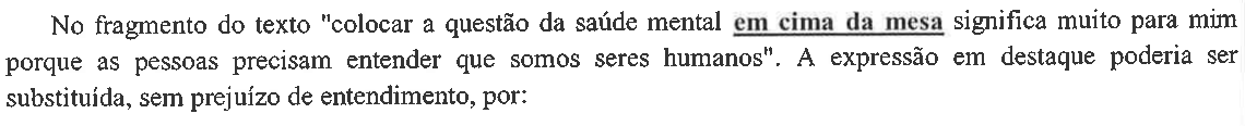 Comando da questão: No fragmento do texto "colocar a questão da saúde mental em cima da mesa significa muito para mim porque as pessoas precisam entender que somos seres humanos". A expressão em destaque poderia ser substituída, sem prejuízo de entendimento, por: — a expressão “em cima da mesa” aparece em negrito e sublinhada.