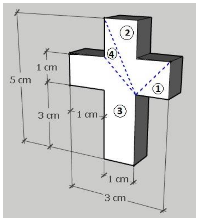Pingente em forma de cruz com espessura, cotas de 5 cm, 1 cm, 3 cm, 1 cm, 1 cm e 3 cm, e a face frontal branca dividida por linhas tracejadas em quatro pedaços numerados de 1 a 4.