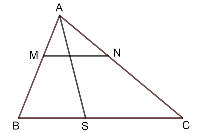 Figura: triângulo ABC com vértice A no alto e base BC horizontal; segmento AS do vértice A até o ponto S da base BC; segmento MN paralelo à base, com M no lado AB e N no lado AC.