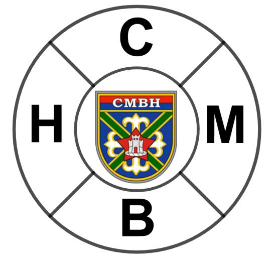 Figura: anel circular dividido por quatro segmentos diagonais em quatro regiões, com as letras C (em cima), M (à direita), B (embaixo) e H (à esquerda); cada região faz fronteira com as duas vizinhas. No centro, o brasão do CMBH.