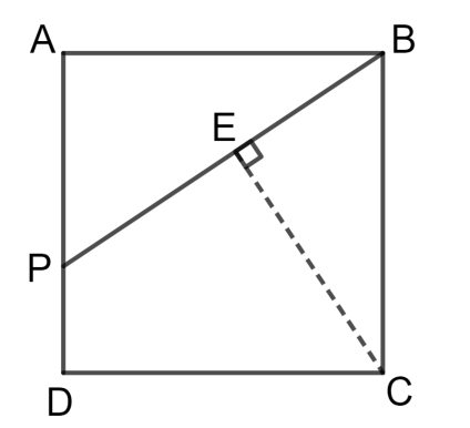 Figura: quadrado ABCD com A no canto superior esquerdo, B no superior direito, C no inferior direito e D no inferior esquerdo; P sobre o lado AD, mais próximo de D; segmento PB; E é o pé da perpendicular (tracejada) traçada de C até PB, com marca de ângulo reto em E.