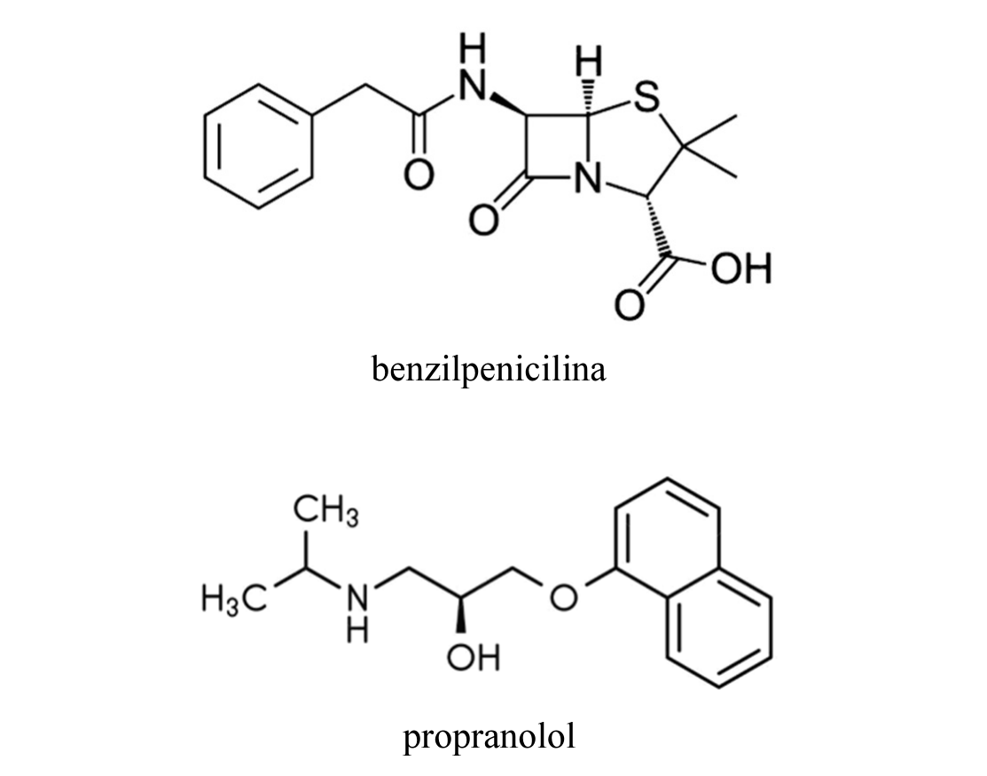 Estruturas moleculares de dois fármacos, identificadas pelos rótulos benzilpenicilina (anel betalactâmico fundido a anel tiazolidínico com grupo carboxila e cadeia lateral fenilacetamida) e propranolol (cadeia isopropilamino-propanol com hidroxila e ligação éter a um anel naftaleno).