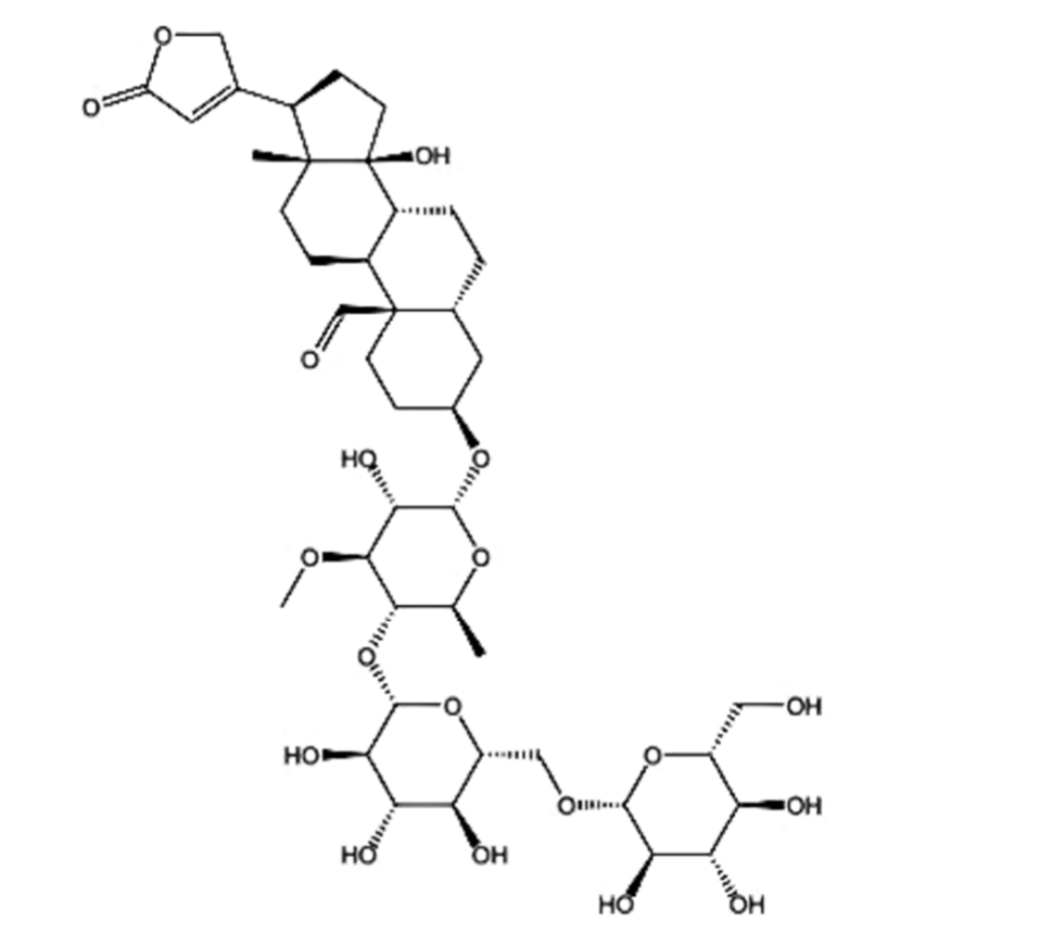 Estrutura molecular da tevetina A: núcleo esteroide com anel lactônico insaturado de cinco membros, hidroxila, grupo aldeído e cadeia de três unidades de açúcar ligadas por ligações glicosídicas.