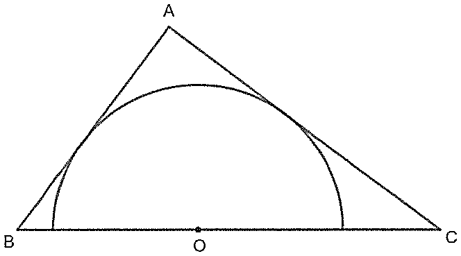 Triângulo ABC retângulo em A, com a hipotenusa BC na horizontal; uma semicircunferência de centro O, situado sobre BC, é tangente aos catetos AB e AC.