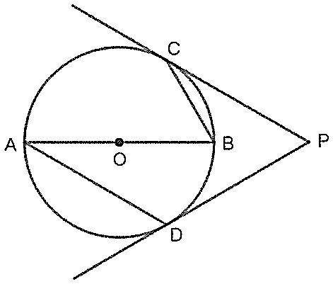 Circunferência de centro O com diâmetro horizontal AB; C é ponto do arco superior e D do arco inferior; cordas BC e AD traçadas; as retas tangentes em C e em D encontram-se no ponto P, à direita de B, sobre o prolongamento de AB.