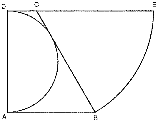 Trapézio retângulo ABCD com AD vertical à esquerda (D em cima, A embaixo), AB horizontal embaixo e DC no topo; semicircunferência de diâmetro AD tangente ao lado BC; o prolongamento de DC até E forma, com o arco que vai de E até B, um setor circular (setor de centro D, raio DE = DB).