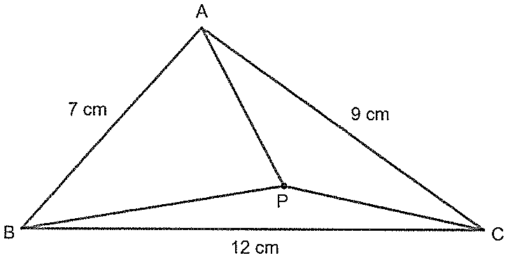 Triângulo ABC com AB = 7 cm, AC = 9 cm e BC = 12 cm; ponto P interior ao triângulo ligado aos três vértices pelos segmentos PA, PB e PC.