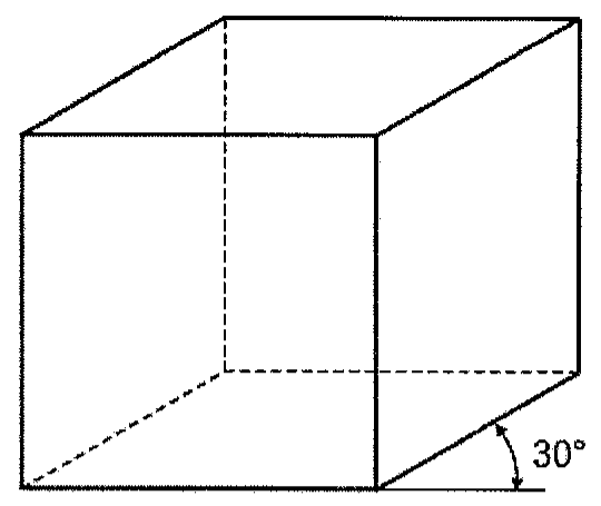 Paralelepípedo desenhado com a face frontal em verdadeira grandeza e arestas de profundidade inclinadas, com arestas ocultas tracejadas; indicação de ângulo de 30° entre uma aresta de profundidade e a horizontal.