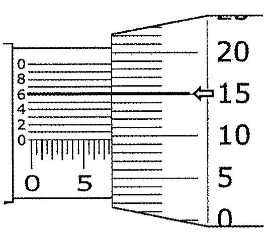 Detalhe de um micrômetro com nônio: bainha com escala de 0 a 5 e além, nônio numerado 0, 2, 4, 6, 8, 0 e tambor numerado 0, 5, 10, 15, 20; uma seta indica a coincidência da linha 6 do nônio com o tambor próximo ao traço 15.