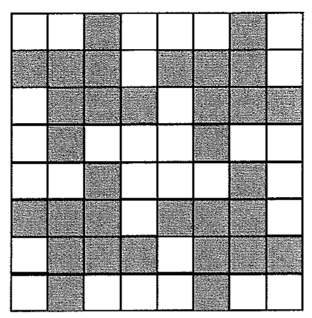 Malha quadriculada de 8 por 8 quadradinhos, com parte dos quadradinhos pintados de cinza escuro formando um mosaico.