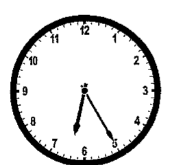 Relógio analógico com o ponteiro das horas entre o 6 e o 7 e o ponteiro dos minutos no 5.
