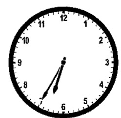 Relógio analógico com o ponteiro das horas entre o 6 e o 7 e o ponteiro dos minutos próximo ao 7.