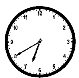 Relógio analógico com o ponteiro das horas entre o 6 e o 7 e o ponteiro dos minutos próximo ao 8.